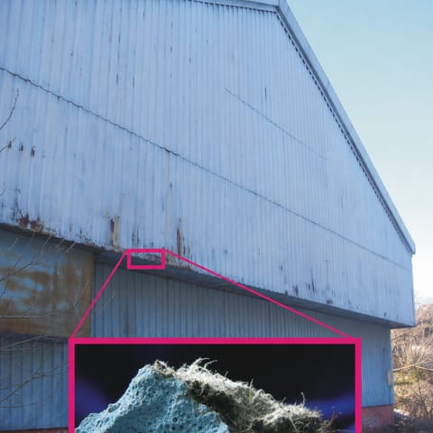 Korrugerad vit industrifasad med rosa inzoomning av blågrå fiberrik skiva